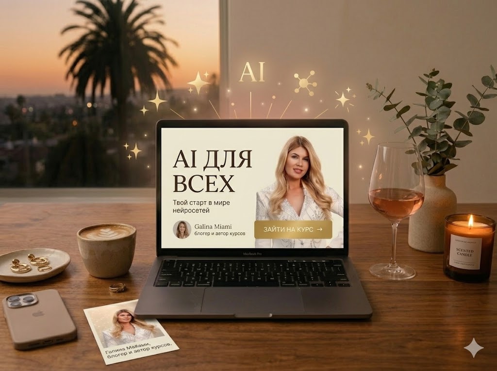 Лендинг ai.galinamiami.com на экране ноутбука с закатом и пальмами
